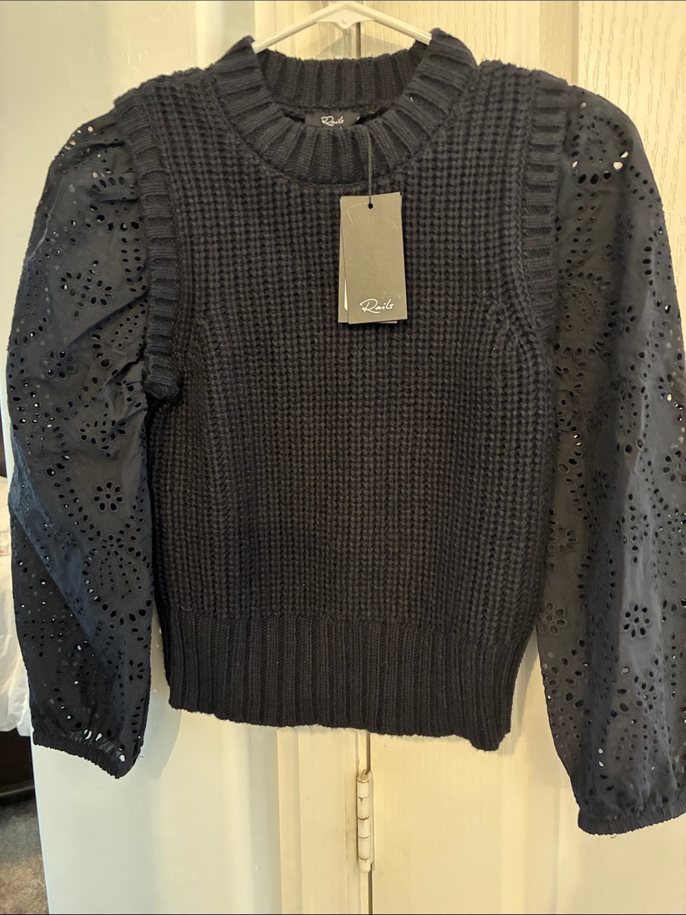 Rails Black Eyelet Puff-Sleeve Crewneck Sweater